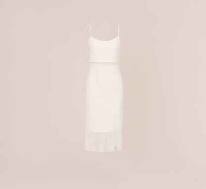Crepe Popover Midi Dress With Fringe Trim In Ivory