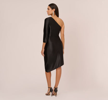 One Shoulder Satin Midi Dress With Three-Quarter Sleeve In Black